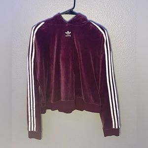 Burgundy Adidas Cropped Hoodie with White Stripes